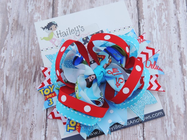 Toy Story 3 Inspired Hair Bow-Toy Story hair bows, character hair bows, large hair bows, red white hair bow, red yellow hair bow