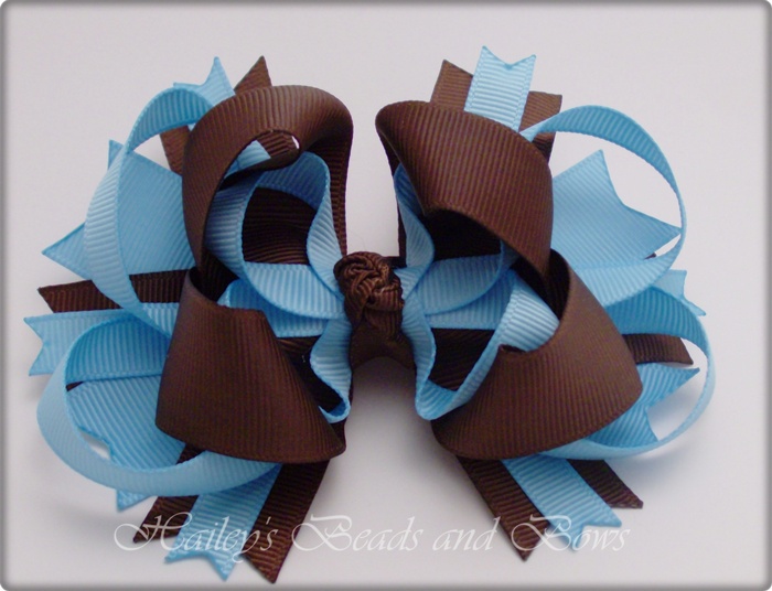 Chocolate and Blue Layered Boutique Hair Bow-large hair bows, spike hair bows, buy hairbows online, hair bow boutique online, handmade louisiana, layered boutique hair bow, blue brown hair bow