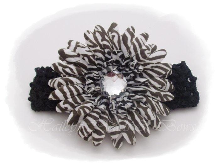 Crystal Zebra Daisy crochet headband-zebra flower headband, crystal daisy flower, animal print flowers, crochet headbands, crochet headband flower, black white zebra flower