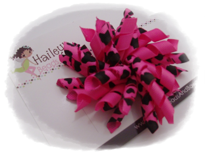 Hot Pink Korker Hair Bow-hot pink leopard print ribbon, korker hair bows, corker hair bows, curly ribbon hair bows, hairbows, buy online hair bows, handmade louisiana, beads and bows