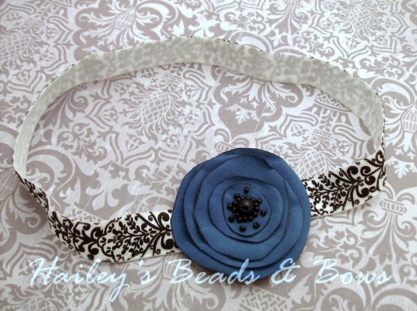 Midnight Blue Damask Singed Flower Headband-Midnight Blue Singed Flower, Damask elastic headband, soft stretchy elastic headband, blue flower headband, white blue black headband, dressy baby headband, photo props, photography props, fabric flowers, singed flowers