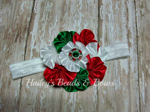 Satin Cluster Flower Headband Red White Green-satin cluster flower headband, flower headbands, baby headband, Christmas headbands, Holiday headbands, rhinestone flower headbands, red white green flowers, infant baby girl headbands, photography props