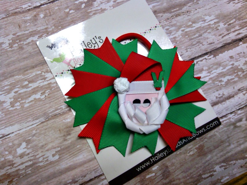 Santa Ponytail Holder-Santa hair bow, green red white hair bow, elastic hair bow, holiday hair bows, Santa Claus hair bows, ponytail holder, ponytail streamers, elastic 