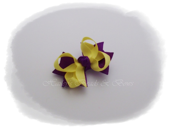 Purple and yellow bitty bow-baby hair bow, small hair bow, toddler hair bow, small hair clips, baby hair clips, purple and yellow, layered hair bows, boutique hair bows