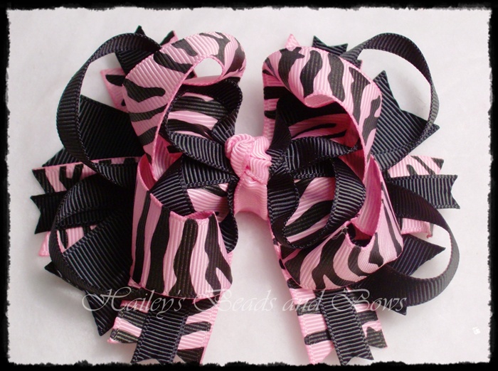 Pink Zebra Print Layered Boutique-zebra print hair bow, animal print bows, buy bows online, hairbows, hair bow, layered boutique hair bows, spike hair bows, black pink bows, handmade louisiana