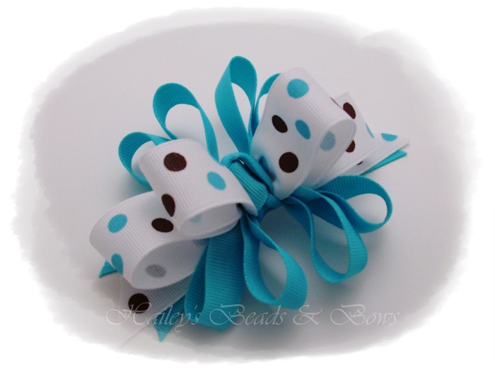 Turquoise Loopy Dippity Dots Hair Bow-loopy funky hair bows, polka dots hair bow, turquoise hair bows, hairbows online, buy hair bows online, boutique hair bows, resin center hair bows