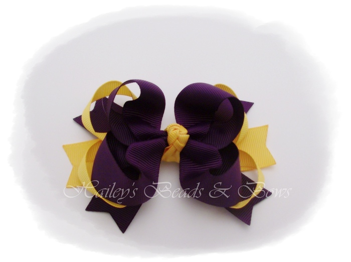 Spikes 'n loops plum and gold-toddler hair bows, baby hair bows, school hair bows, LSU hair bows, purple gold hair bows, plum gold hair bows, loopy hair bows, spike hair bows, crochet beanie hats, hair bow headbands
