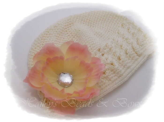 Peaches 'n Cream-crochet baby hat, crochet hat, crochet beanie hats, flower hats, hats with flowers, flower clips, hair bow hats, hair bows, boutique hair bows