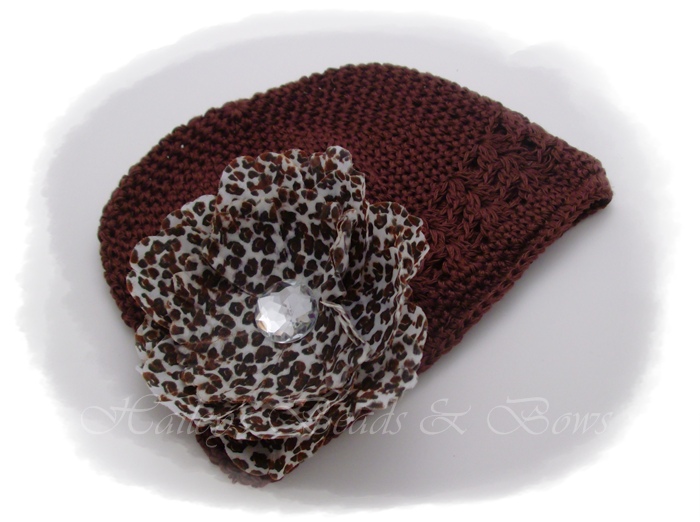 Wild thing--snow leopard-crochet beanie hats, crystal flower clips, peony flower clips, hair bows, boutique hair bows, woven headbands, hair bow headbands, clippies