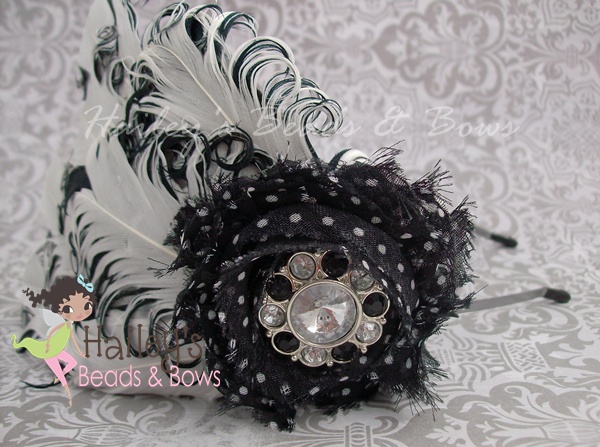 Black and White Nagorie Feather Fascinator-feather headbands, feather fascinators, nagorie feather headbands, black white feather headband, curly feather headband, metal headbands, adult girl headbands