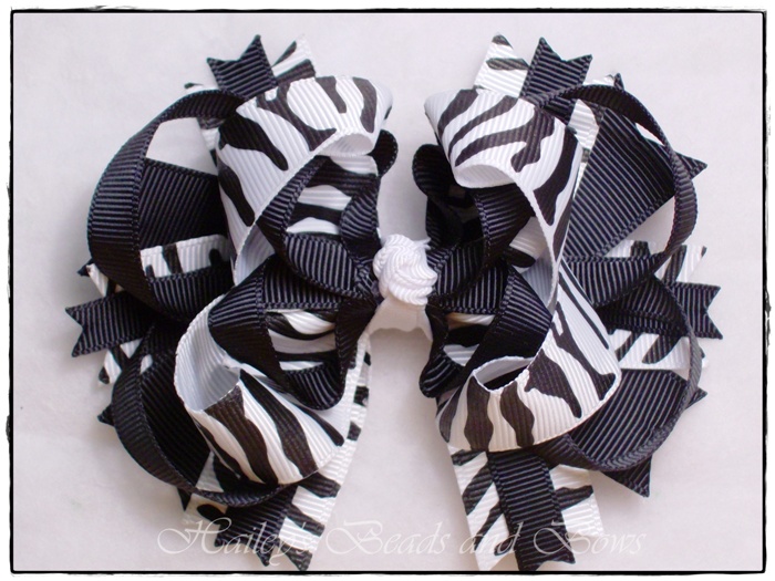 Zebra Print Layered Boutique Hair Bow-zebra print hair bows, hair bow, hairbows, buy hairbows online, children's boutique online, layered boutique hair bows, black white hair bows, large hair bows